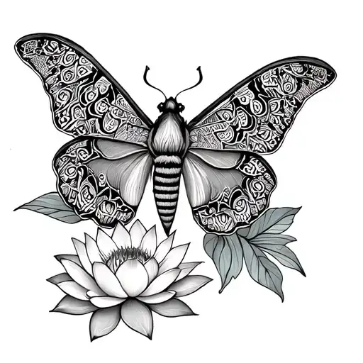 Mandala Moth and lotus flower tattoo design idea