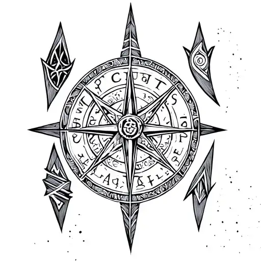 a vegvisir (viking compas) in the middle with sigils and lines making up around it to form an arrow tattoo design idea