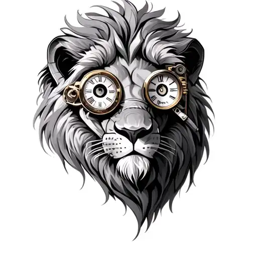 steampunk lion with one clock monocle tattoo design idea