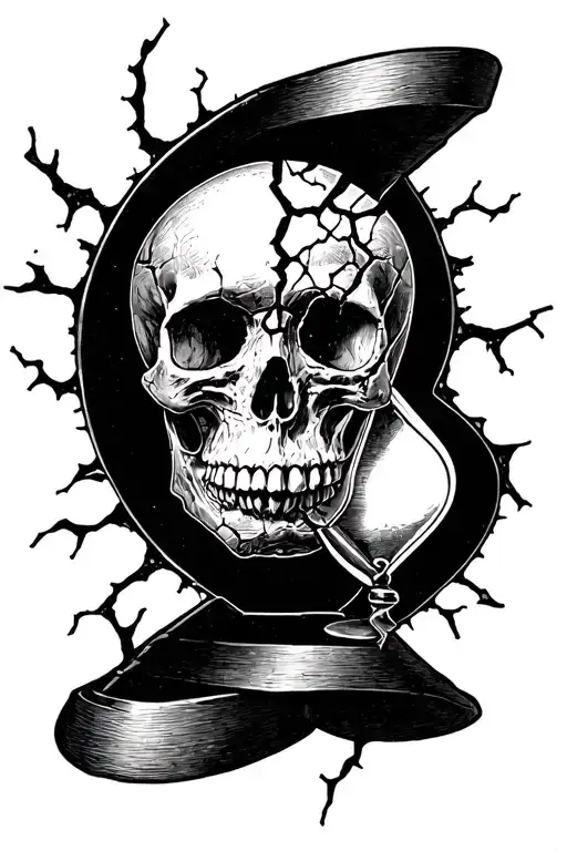 broken skull with hour glass memento mori tattoo design idea