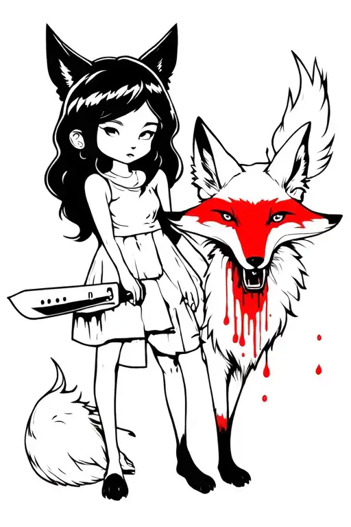 a cunning girl holds a knife in one hand, and in the other hand a fox with a cunning muzzle, which is bleeding tattoo design idea