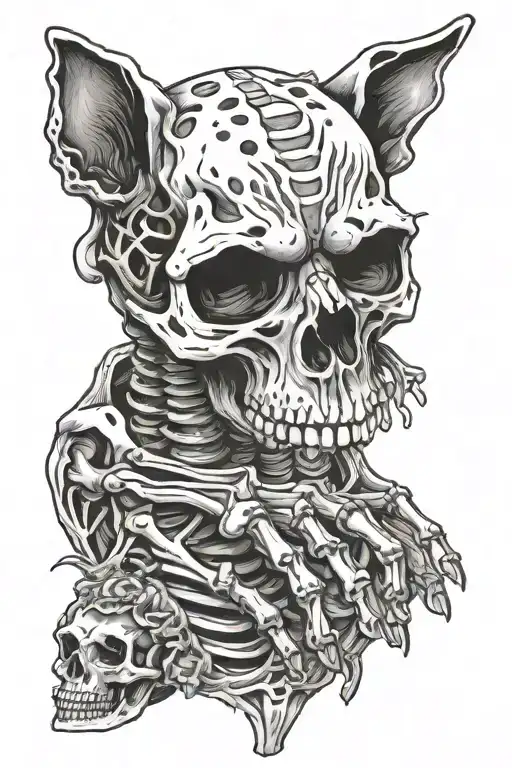 skeleton and dog skeleton hand holding tattoo design idea