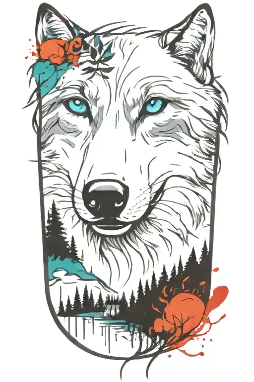 wolf blue eyes forest landscape tattoo design idea