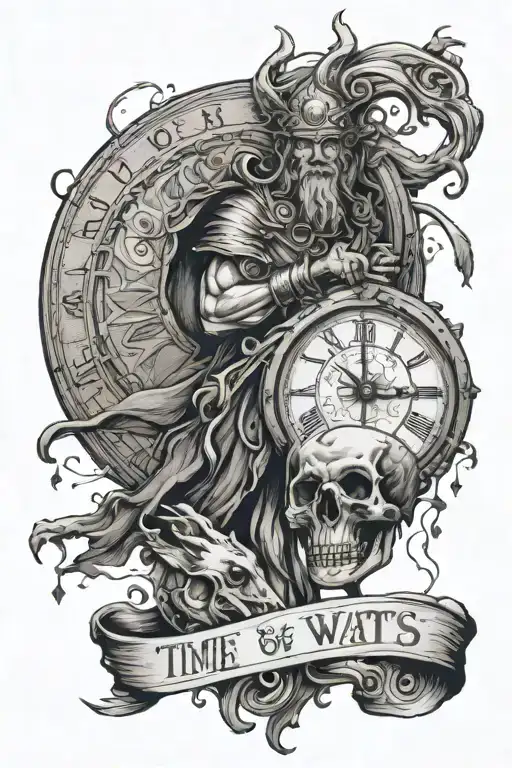 the god chronos, with the phrase "time waits for no one" above and below with the phrase "your mind must overcome fear" tattoo design idea