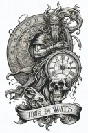 the god chronos, with the phrase "time waits for no one" above and below with the phrase "your mind must overcome fear" tattoo design idea
