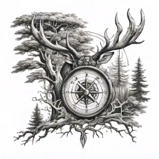 compass in trees with elk head tattoo design idea
