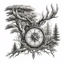 compass in trees with elk head tattoo design idea