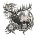 compass in trees with elk head tattoo design idea