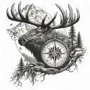 compass in trees with elk head tattoo design idea