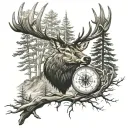 compass in trees with elk head tattoo design idea