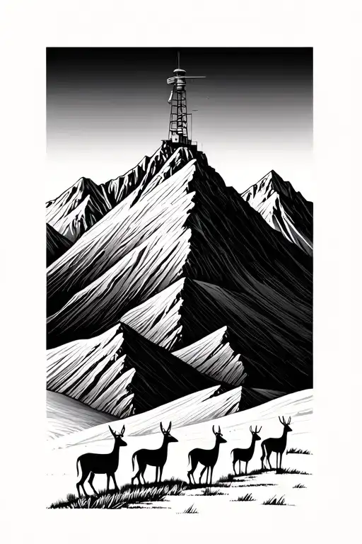 mountain with a small radio tower on top of the mountain and a group of gazelles closing the bottom of the mountain line tattoo design idea
