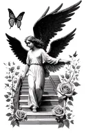 An angel walking upstairs with large wings as the centre, robin in flight, butterfly with fingerprints roses poem tattoo design idea