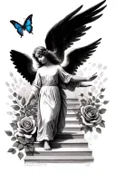 An angel walking upstairs with large wings as the centre, robin in flight, butterfly with fingerprints roses poem tattoo design idea