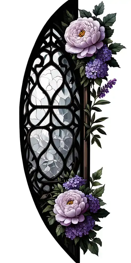 cathedral stained glass rose window surrounded by florals such as peony, rose, hydrangea, lilac, lavender, rosemary tattoo design idea