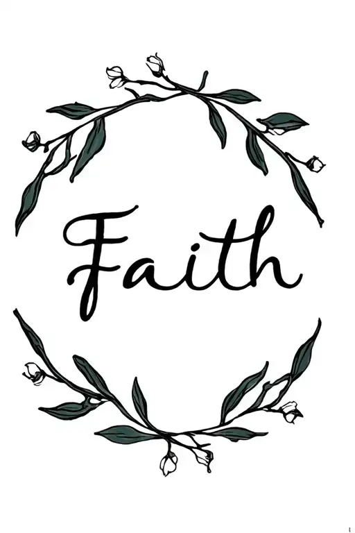 Faith script with intertwined leaves buds surrounded by foliage tattoo design idea