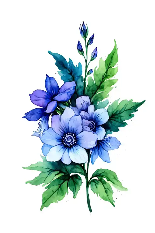 clarkia, columbine and larkspur flower design with patience written in Arabic  tattoo design idea