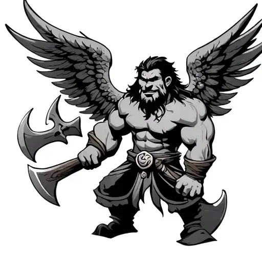 a barbarian with wings dual battles axes and a head from smurf tattoo design idea