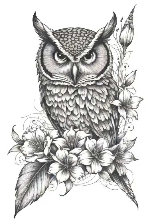 owl face with cosmo flower and gladiolus flower  tattoo design idea