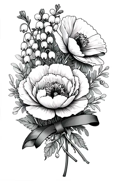 Poppy, Forget me not, Carnation, Violet, Peony, Lily of The Valley with a ribbon tattoo design idea