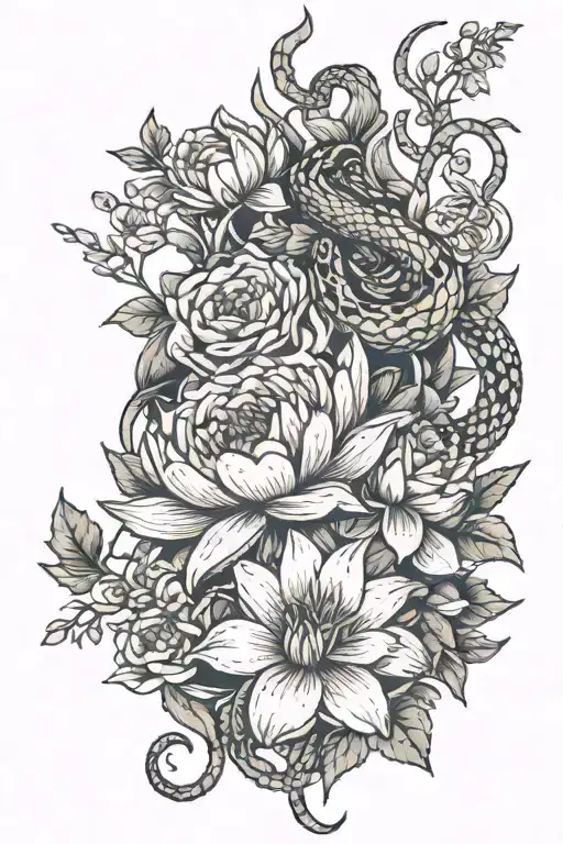 snake and water lily and larkspur and gladiolus and narcissus and holly and chrysanthemums and poppy and peonies flowers tattoo design idea