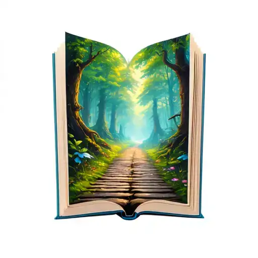 book pathway leading into magic forest tattoo design idea