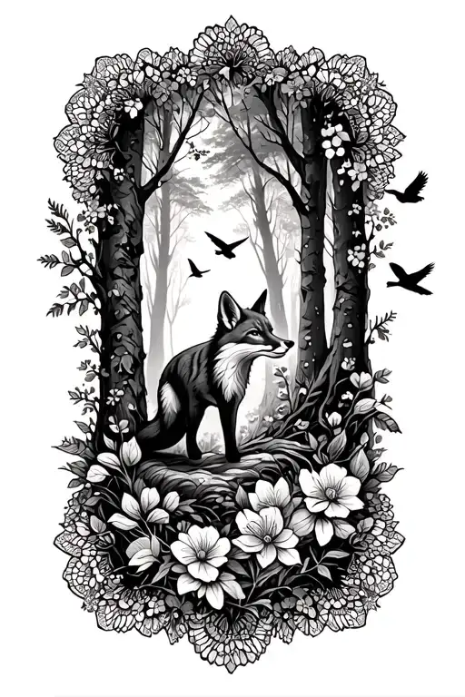 floral lace background with small fox running through forest and birds flying above tattoo design idea