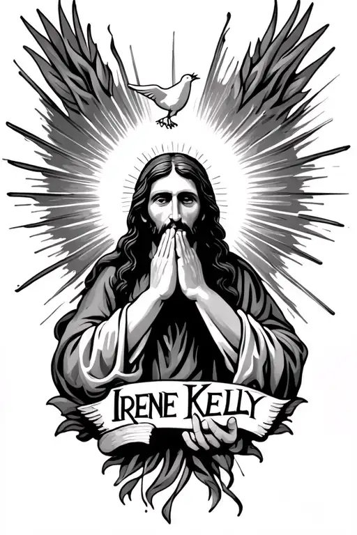 heavan with rays of sun light woth a dove and jesus' hands in a praying gesture surrounding the name irene kelly tattoo design idea
