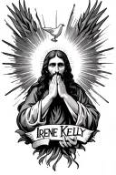 heavan with rays of sun light woth a dove and jesus' hands in a praying gesture surrounding the name irene kelly tattoo design idea