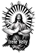 heavan with rays of sun light woth a dove and jesus' hands in a praying gesture surrounding the name irene kelly tattoo design idea