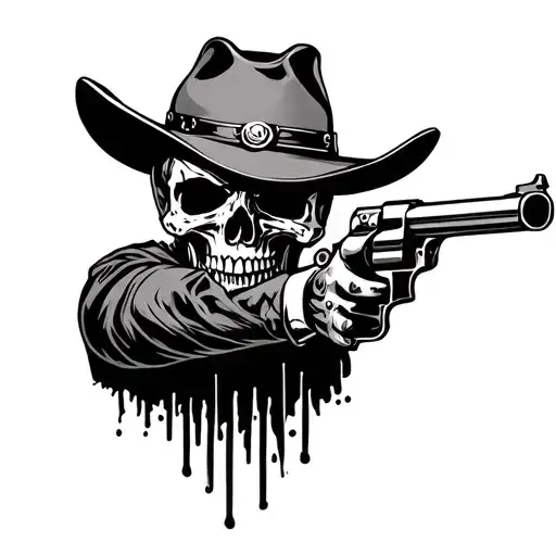 cowboy skull six shooter aiming tattoo design idea