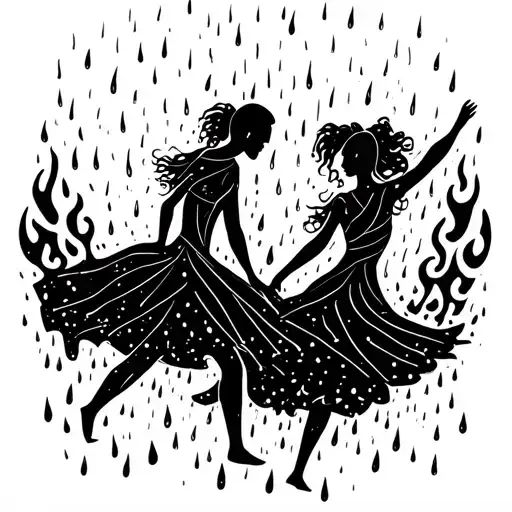 Abstract fineline tattoo of a two people in the rain at a festival. Flames in the background, dancing figures.  tattoo design idea