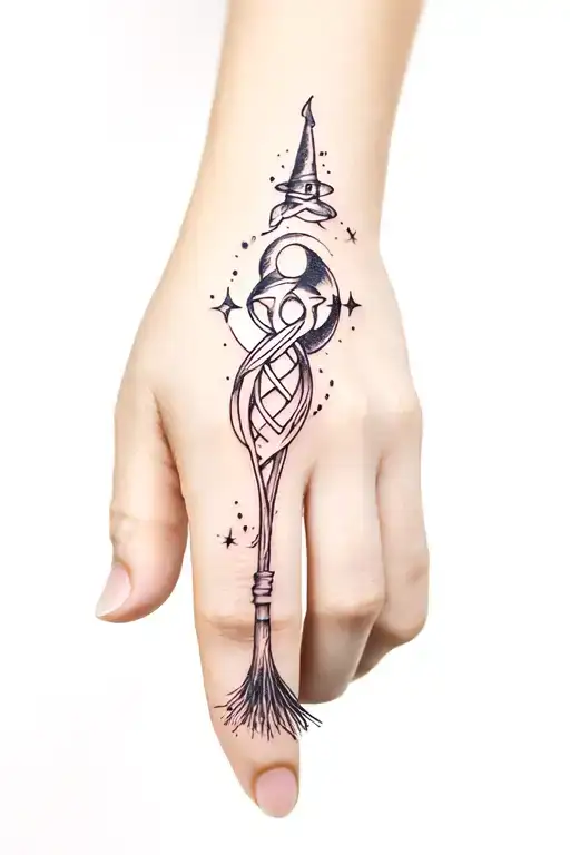 female witchy tattoo on hand to thumb, with a witch knot, broom stick and goddess triple moon symbol  tattoo design idea