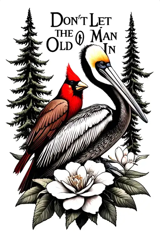 "Don't Let The Old Man In" brown pelican a red cardinal and a camelia flower with a cypress tree in background tattoo design idea