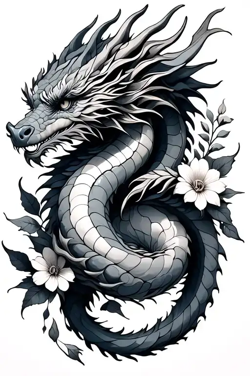 dragon wrapped around feminine flowers tattoo design idea