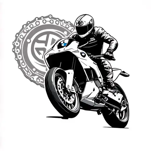 bmw e30, supermoto stunt, suzuki logo in the backround, motorcycle chain intertwined tattoo design idea