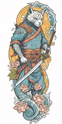 ninja cat holding katana, tail, water, waves, lotus, sakura, clouds, whirlpool, leaves, peony, sun waterfall tattoo design idea