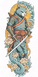 ninja cat holding katana, tail, water, waves, lotus, sakura, clouds, whirlpool, leaves, peony, sun waterfall tattoo design idea