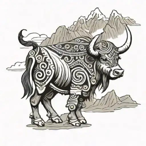 Yak from nepal looking up at a mountain signifying global health tattoo design idea