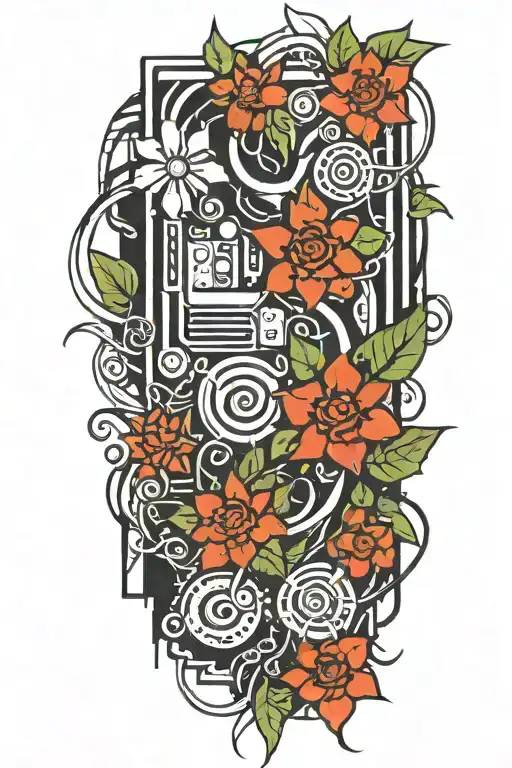 cyberware, motherboard, flower, vine tattoo design idea