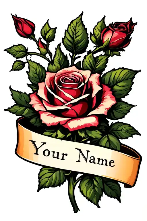 rose with "Your Name" written on a banner wrapped tattoo design idea