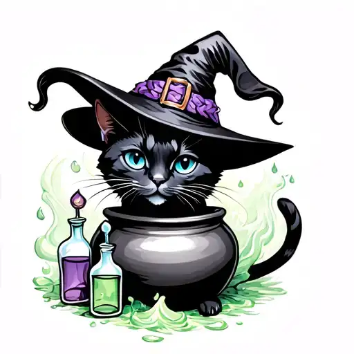 black cat blue eyes witches hat, cauldron bubbling green,potion bottles  tattoo design idea