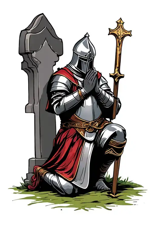 templar knight kneeling praying before a grave tattoo design idea