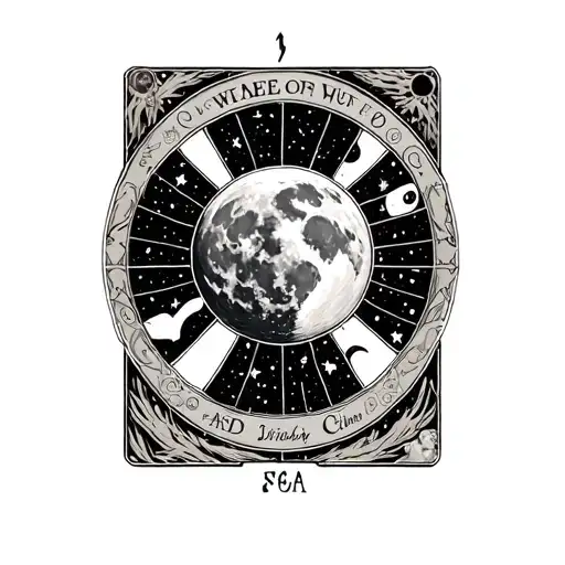The Wheel of Fortune Tarot card featuring moon cycle and earth and rustic elements and star constalations tattoo design idea