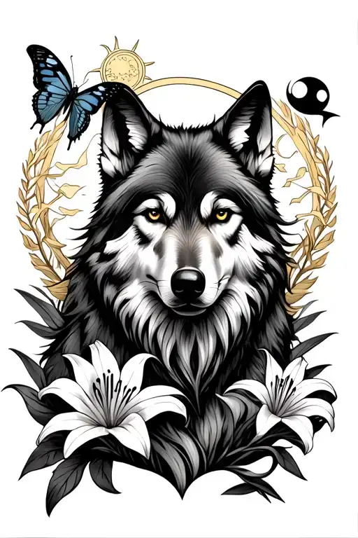 realistic wolf with french lily symbol, butterfly an sun and moon symbol. female tattoo tattoo design idea