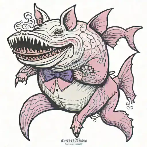 pink pig weaing a wedding viel standing next to a great white shark holding its fin in a purple bowtie  tattoo design idea