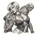 Sexy girl, Huge boobs, cleavage, petite, torn clothing, short white bob hairstyle, waist up view tattoo design idea