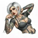 Sexy girl, Huge boobs, cleavage, petite, torn clothing, short white bob hairstyle, waist up view tattoo design idea