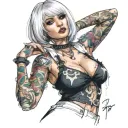 Sexy girl, Huge boobs, cleavage, petite, torn clothing, short white bob hairstyle, waist up view tattoo design idea