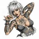 Sexy girl, Huge boobs, cleavage, petite, torn clothing, short white bob hairstyle, waist up view tattoo design idea