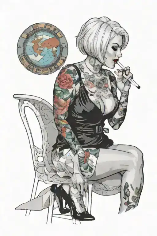 Sexy Woman, short white bob hairstyle, Petite Body, huge cleavage, Thick Thighs, Big booty, Smoking cigarette, side view tattoo design idea
